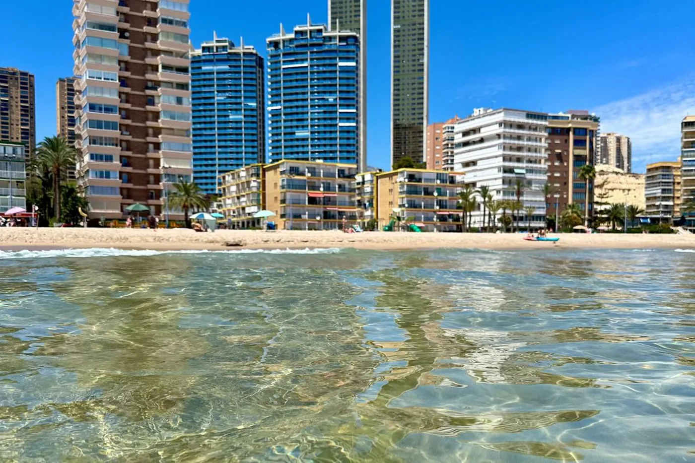 Przejrzysta woda przy plaży w Benidorm, w tle wieżowce nad brzegiem